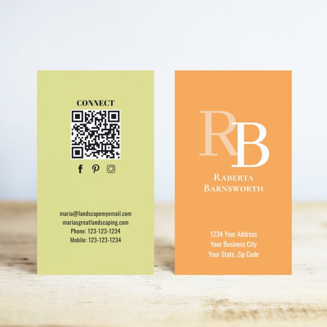 Simple Monogram QR Code Orange | Connect with Me Business Card (Orange and yellow monogram business card.)