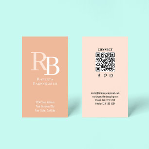 Simple Monogram QR Code Peach Connect with Me Business Card
