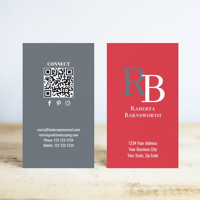 Simple Monogram QR Code Red | Connect with Me Business Card (Red and grey business card with simple monogram.)