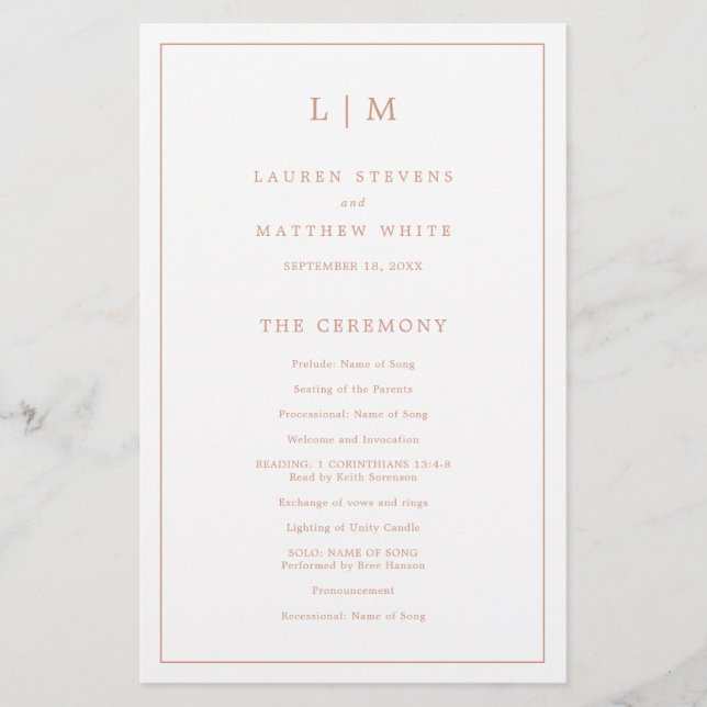 Simple Monogram Rose Gold Budget Wedding Program Flyer (Front)