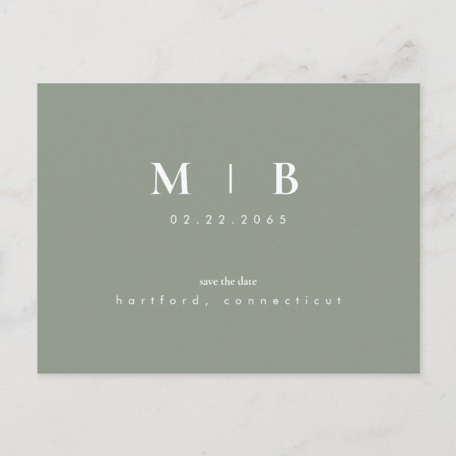 Simple Monogram Sage Save the Date QR Code Postcard (Front)