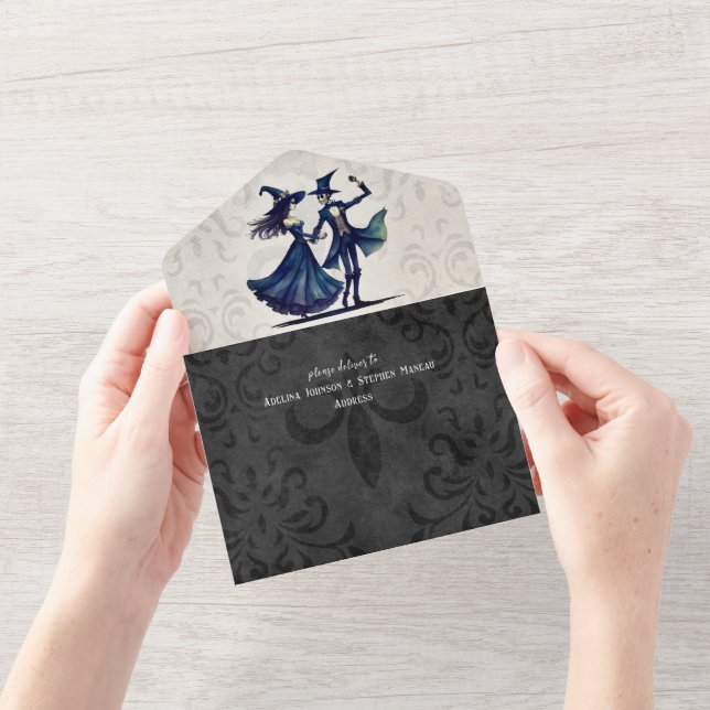 Simple Monogram Skeleton Halloween QR Code Wedding All In One Invitation (Opening)