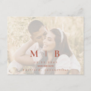 Simple Monogram Terracotta Photo Save the Date Announcement Postcard