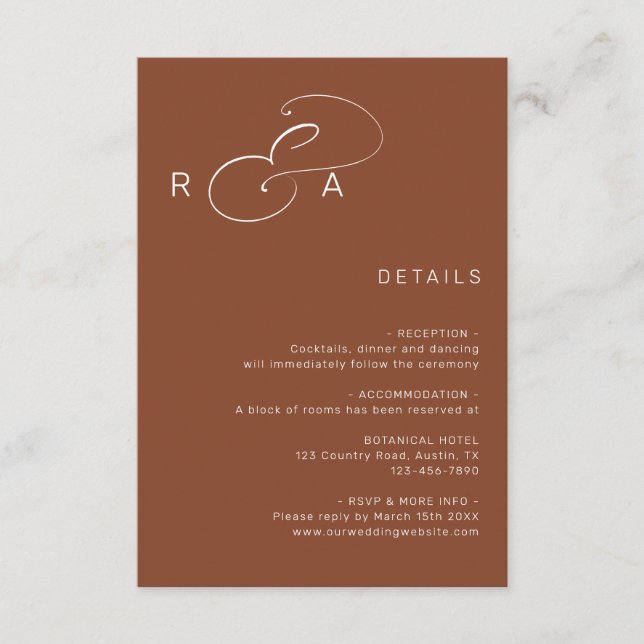 Simple Monogram Wedding Details Terracotta Enclosure Card (Front)