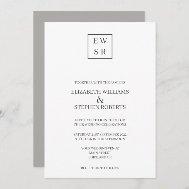 Simple Monogram White and Grey Wedding Invitation (Front/Back)