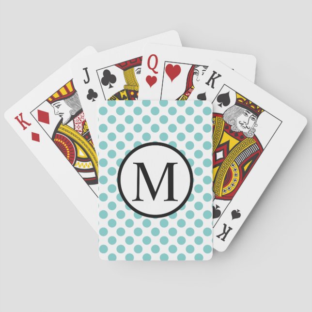 Simple Monogram with Aqua Polka Dots Playing Cards (Back)
