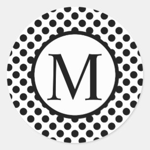 Simple Monogram with Black Polka Dots Classic Round Sticker