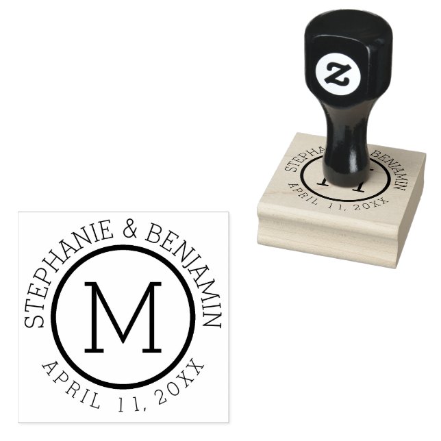 Simple Monogram with Name and Wedding Date Rubber Stamp (Stamped)
