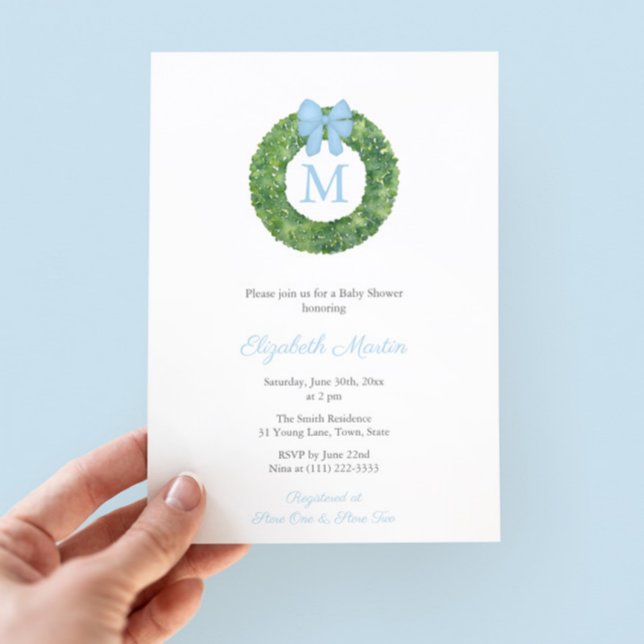 Simple Monogram Wreath Boy Baby Shower Party Invitation (Elegant Baby Shower For Boy invitation featuring a boxwood wreath with single letter monogram)