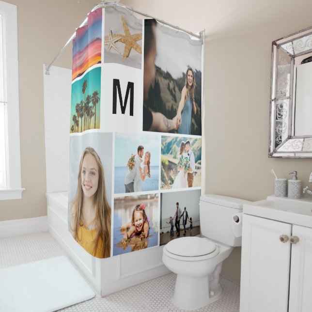 Simple Monogrammed 9 Custom Photo Collage Shower Curtain (In Situ)