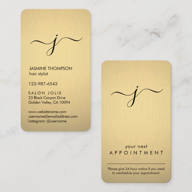 Simple Monogrammed Black & Faux Gold Foil Vertical Appointment Card (Front/Back)