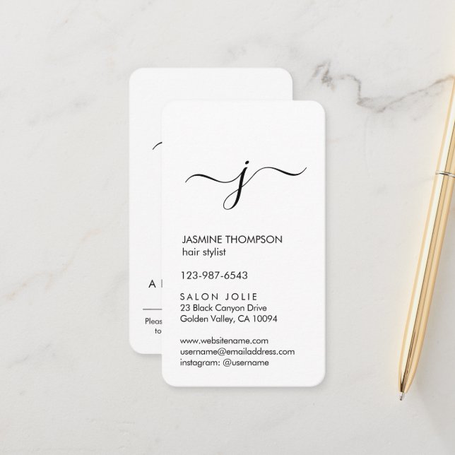 Simple Monogrammed Script Black and White Vertical Appointment Card (Front/Back In Situ)