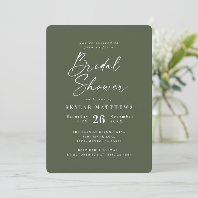Simple Monstera Green Solid Colour Bridal Shower Invitation (Standing Front)