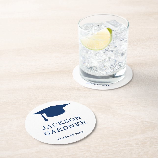 Simple Mortar Board Navy Blue Modern Graduation Round Paper Coaster (Insitu)