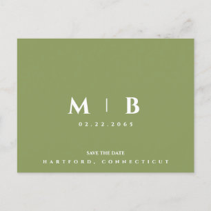 Simple Moss Green Monogram Wedding Save the Date  Postcard