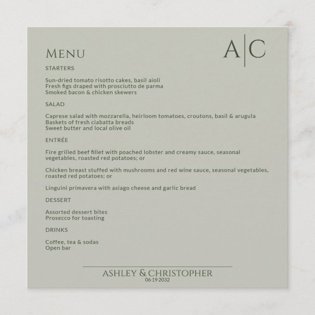 Simple Moss & Sage Monogram Wedding Reception Menu (Front)