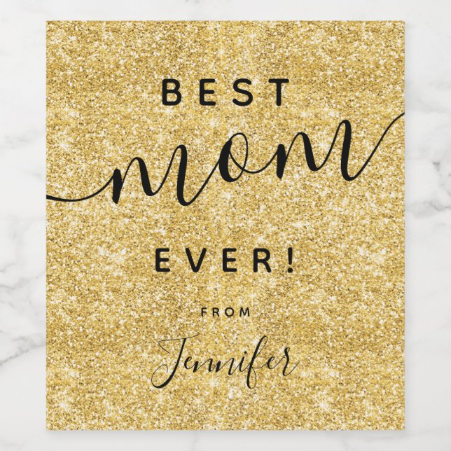 Simple Mother's Day Best Mum Gold Glitter  Wine Label (Single Label)