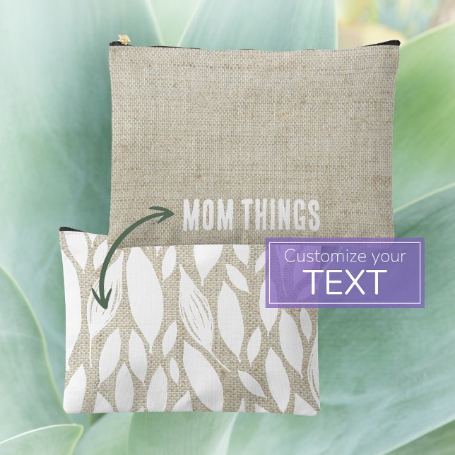 Simple Mother's Day Minimal Linen Cosmetic Bag (Mother's Day double-sided custom accessory pouch with white botanical accents is a unique gift )