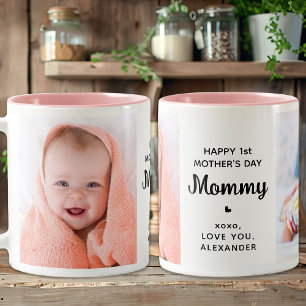 Simple Mothers Day Personalised 2 Photo Pink Two-Tone Coffee Mug