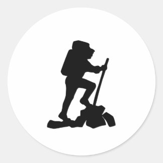 simple mountain hiking man black silhouette classic round sticker