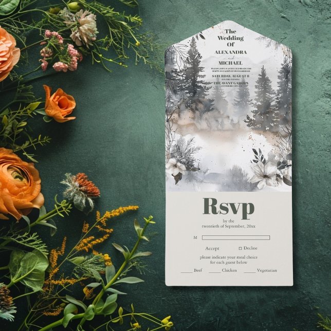 Simple Mountain Pine Tree Winter Wedding All In One Invitation (Creator Uploaded)