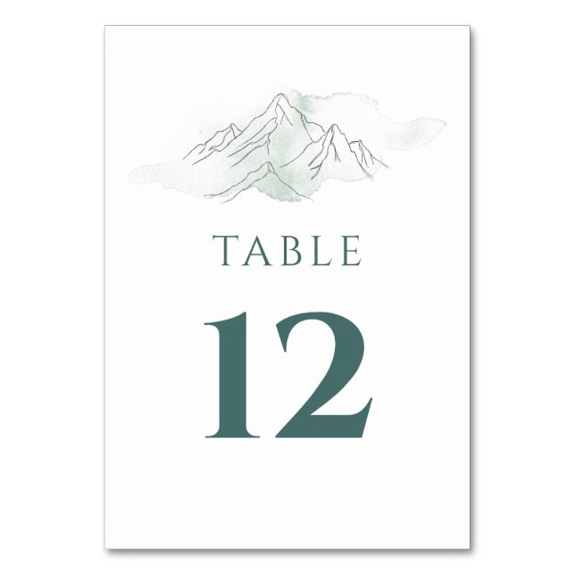Simple Mountain Rustic Green and White Wedding Table Number (Front)