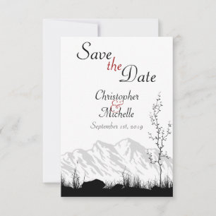 Simple Mountain Scene Black, White and Red Wedding Save The Date