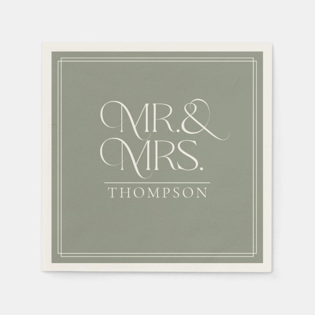Simple  Mr & Mrs Green Moss Ecru Wedding Paper Napkin (Front)