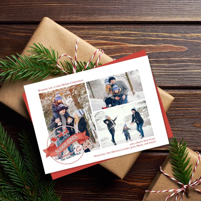 Simple Multi Photo Sleigh Rides Christmas Holiday Card (Christmas multi photo collage template. )
