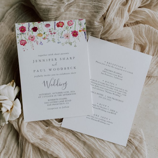 Simple Multicolor Wildflower Front & Back Wedding Invitation (Creator Uploaded)