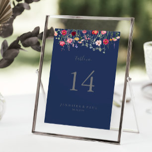 Simple Multicolor Wildflower Navy Wedding Table Number