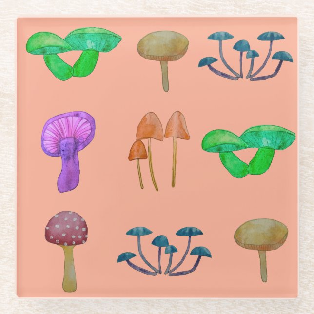 Simple mushroom pattern glass coaster (Front)