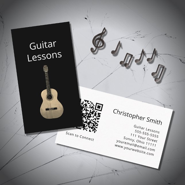 Simple Music Guitar Lessons QR code Black White Business Card (Creator Uploaded)