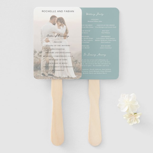 Simple Muted Blue Elegant Wedding Program Hand Fan (Front and Back)