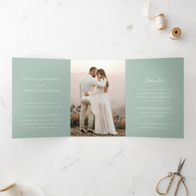 Simple Muted Green Photo Elegant Wedding Tri-Fold Invitation (Inside)