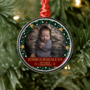 Simple My First Christmas Personalised Baby Photo Metal Ornament