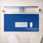Simple Name Monogram 2 lines of Custom Text Blue Desk Mat<br><div class="desc">Protect your desk with this large desk/mouse pad featuring two lines of white custom text set against a solid blue background. Add your name,  monogram,  company name,  logo etc - totally and easily customisable. Also makes a great gaming mat.</div>