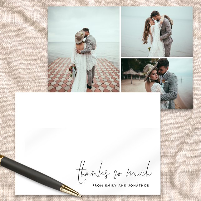 Simple Name Script 3 Photo Wedding Thank You  Card (Front and back view)