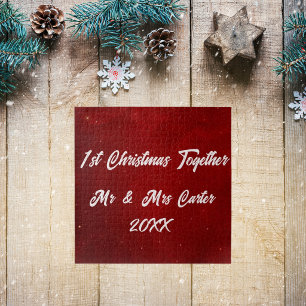 Simple Name Year Couple 1st Christmas Crimson Jigsaw Puzzle