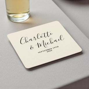 Simple Natural White Script Minimalist Wedding Square Paper Coaster