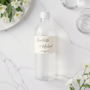 Simple Natural White Script Minimalist Wedding Water Bottle Label