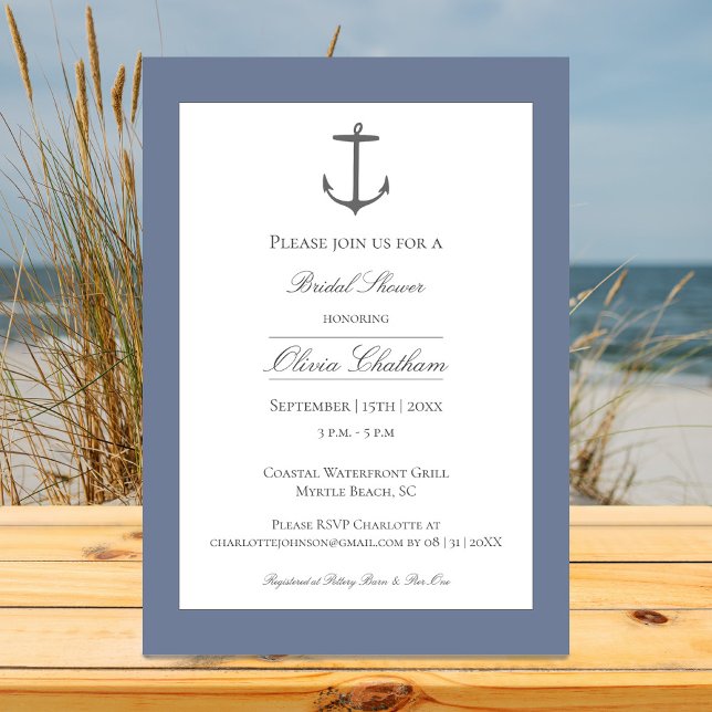 Simple Nautical Anchor Bridal Shower | Dusty Blue Invitation (Dusty Blue Simple Nautical Anchor Bridal Shower Invitation)