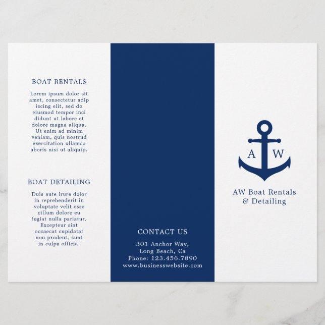 Simple Nautical Anchor Navy Blue Trifold Brochure (Front)