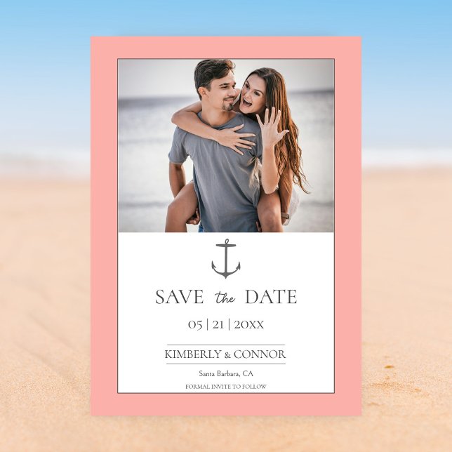 Simple Nautical Anchor Save the Date | Coral (Coral Simple Nautical Anchor Photo Save the Date)