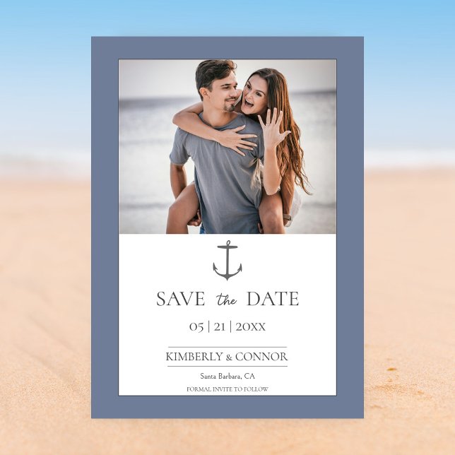 Simple Nautical Anchor Save the Date | Dusty Blue (Dusty Blue Simple Nautical Anchor Photo Save the Date)