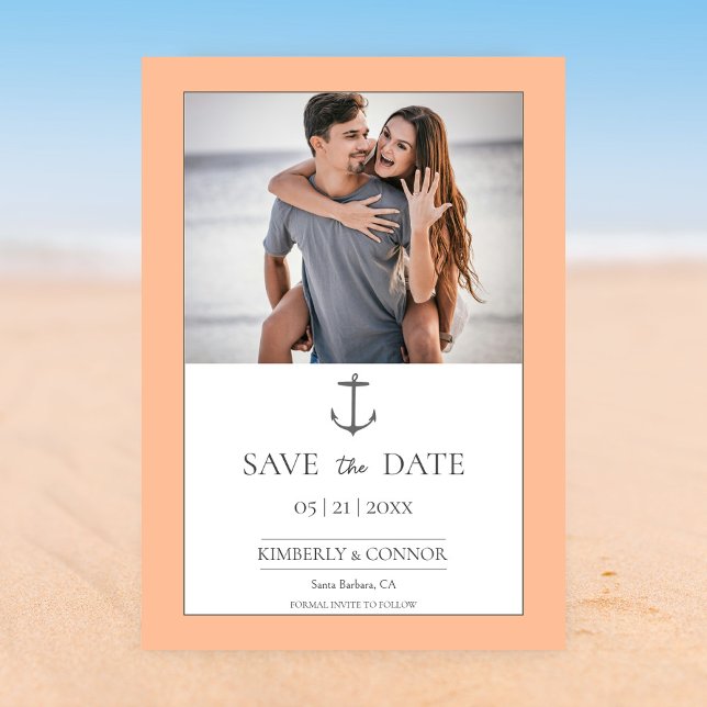Simple Nautical Anchor Save the Date | Peach (Peach Fuzz Simple Nautical Anchor Photo Save the Date)
