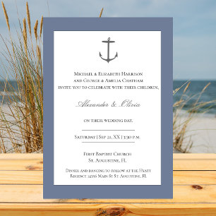 Simple Nautical Anchor Wedding   Dusty Blue Invitation