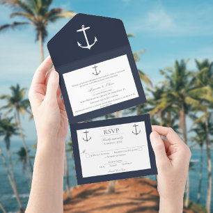 Simple Nautical Anchor Wedding Navy Blue All In One Invitation