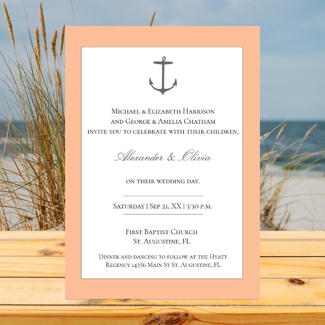 Simple Nautical Anchor Wedding | Peach Invitation (Peach Fuzz Simple Nautical Anchor Wedding Invitation)