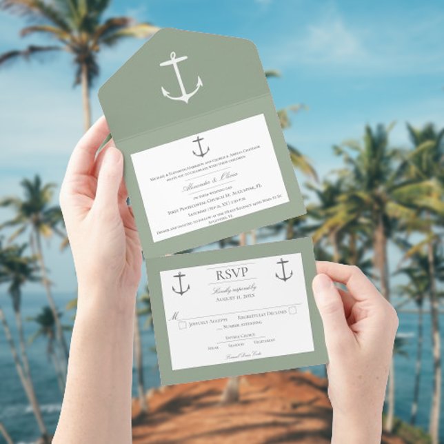 Simple Nautical Anchor Wedding | Sage Green All In One Invitation (Sage Green Nautical Anchor Wedding All in One Invitation)